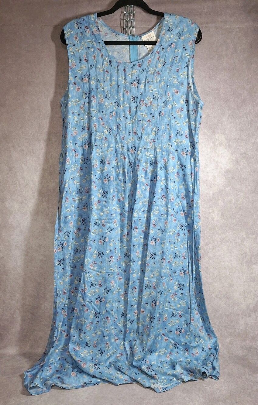 Bentley Size 14 Blue Floral Print Pintucked Maxi Dress w/Tie Rayon Cottage Core